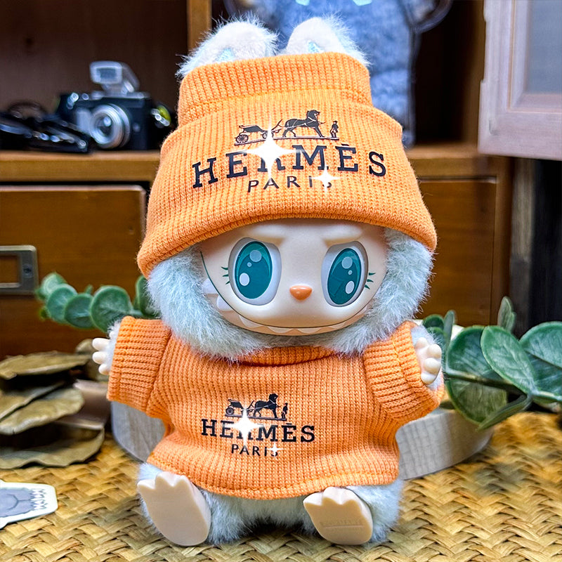 Labubu Doll Outfit 6.7'' | Hermès Orange Knit Sweater & Knit Hat Set – Luxurious Designer Clothes – Fits Labubu Gen 1/2/3