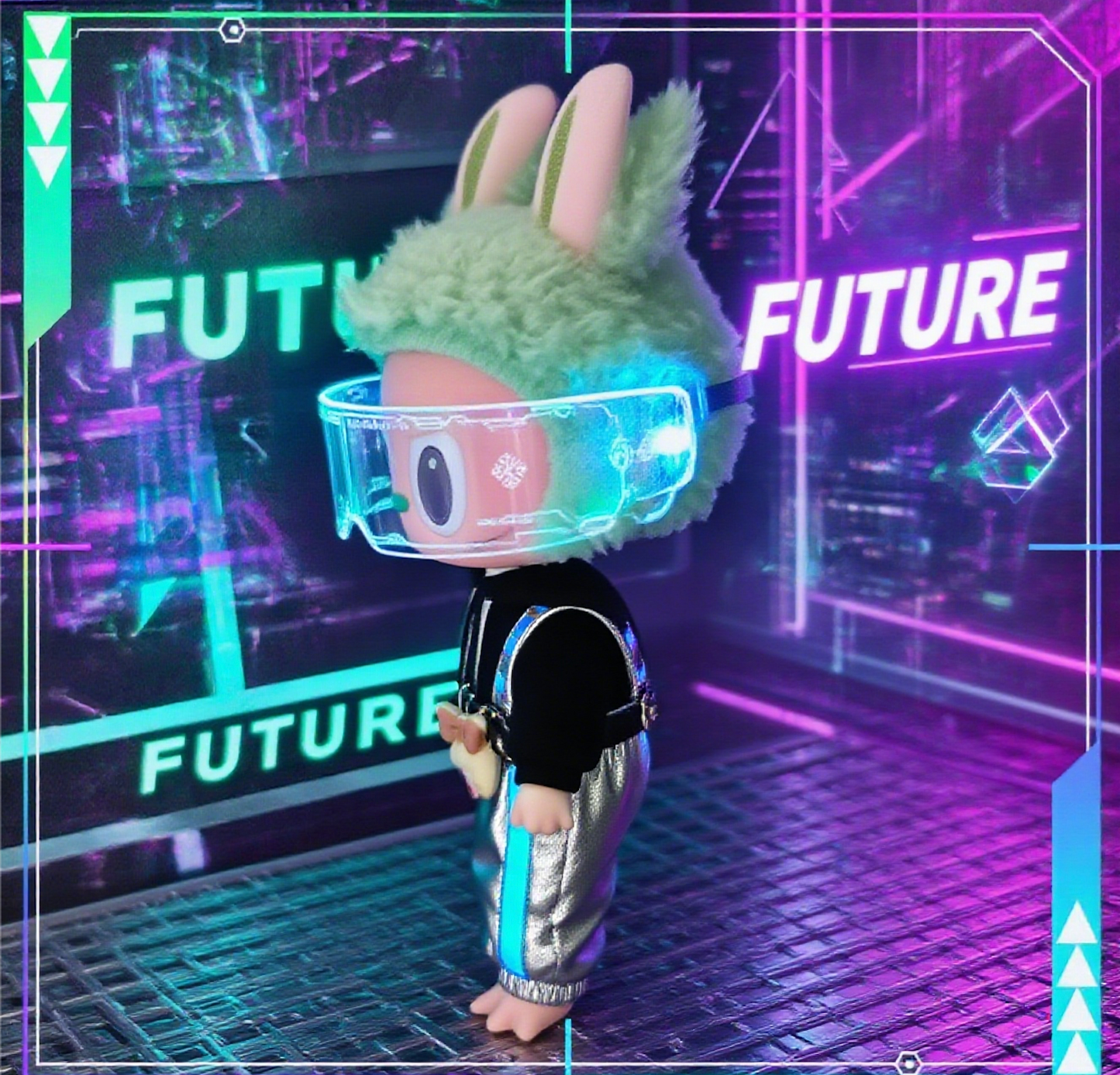 Labubu Doll Glasses - Cyberpunk Techno Cool Futuristic Mini Accessory with Glow Effect - Fits Gen 1/2/3 - 17cm/6.7''