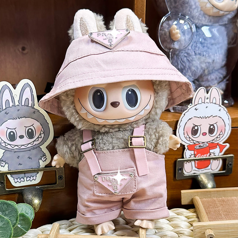 Labubu Doll Outfit 6.7'' | Prada Logo Black Overalls & Pink Canvas Hat Set β Stylish Designer Clothes β Fits Labubu Gen 1/2/3
