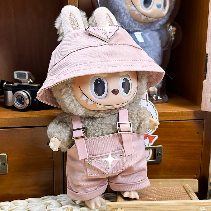 Labubu Doll Outfit 6.7'' | Prada Logo Black Overalls & Pink Canvas Hat Set β Stylish Designer Clothes β Fits Labubu Gen 1/2/3