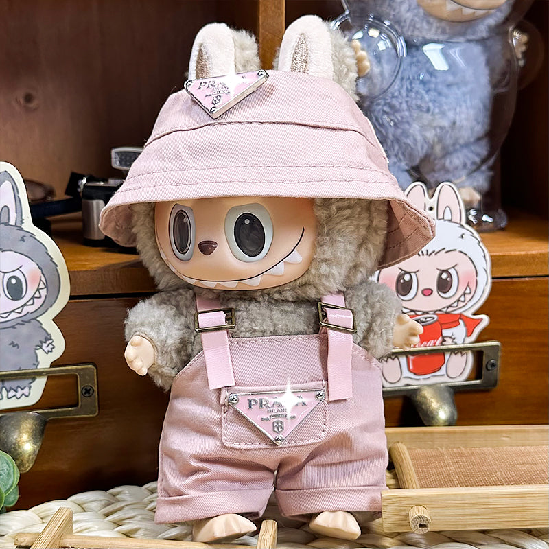 Labubu Doll Outfit 6.7'' | Prada Logo Black Overalls & Pink Canvas Hat Set β Stylish Designer Clothes β Fits Labubu Gen 1/2/3