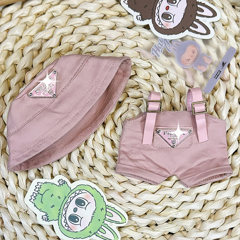 Labubu Doll Outfit 6.7'' | Prada Logo Black Overalls & Pink Canvas Hat Set β Stylish Designer Clothes β Fits Labubu Gen 1/2/3