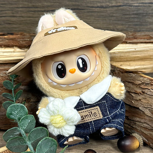 Labubu Doll Clothes | Fresh Daisy Vibes | Four-Piece Outfit – White Tee, Denim Overalls, Daisy Accessory & Bucket Hat – Cute Doll Clothes – Fits Labubu Gen 1/2/3