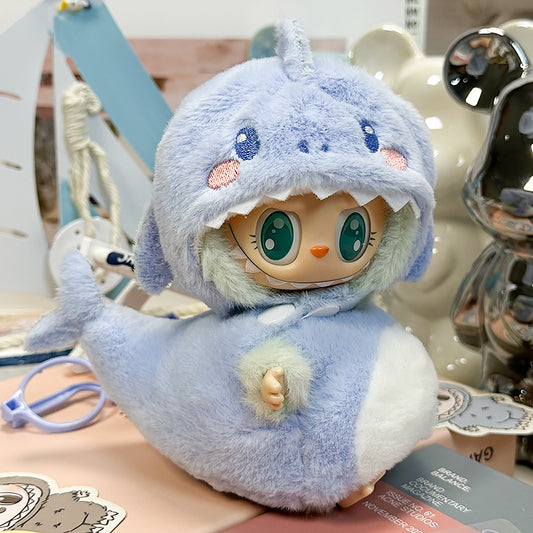 Labubu Doll Outfit 6.7'' | Cute Blue Shark Hat & Bodysuit Set – Cozy Soft Fluffy Plush Clothes – Fits Labubu Gen 1/2/3
