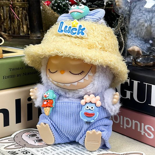 Labubu Doll Clothes | Lucky Monster｜Three-Piece Set – Monster Bow, Corduroy Overalls & Fuzzy Luck Hat – Cute Doll Clothes – Fits Labubu Gen 1/2/3