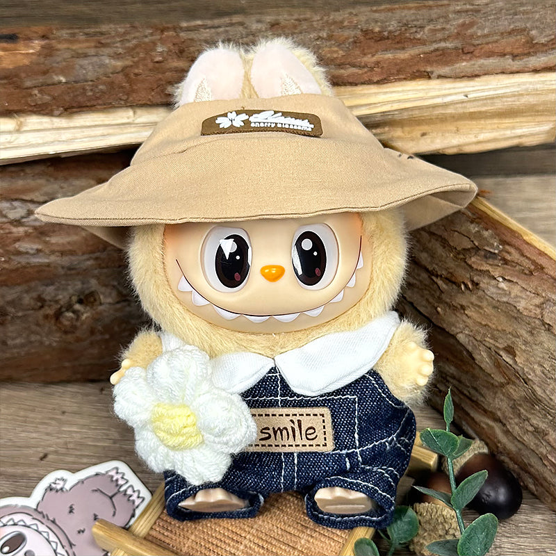 Labubu Doll Clothes | Fresh Daisy Vibes | Four-Piece Outfit – White Tee, Denim Overalls, Daisy Accessory & Bucket Hat – Cute Doll Clothes – Fits Labubu Gen 1/2/3