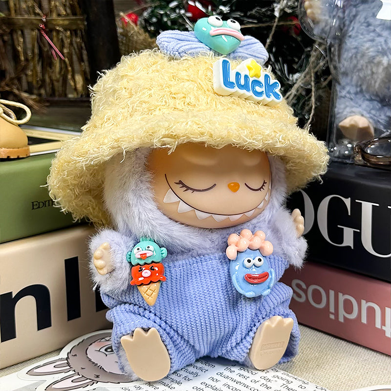 Labubu Doll Clothes | Lucky Monster｜Three-Piece Set – Monster Bow, Corduroy Overalls & Fuzzy Luck Hat – Cute Doll Clothes – Fits Labubu Gen 1/2/3