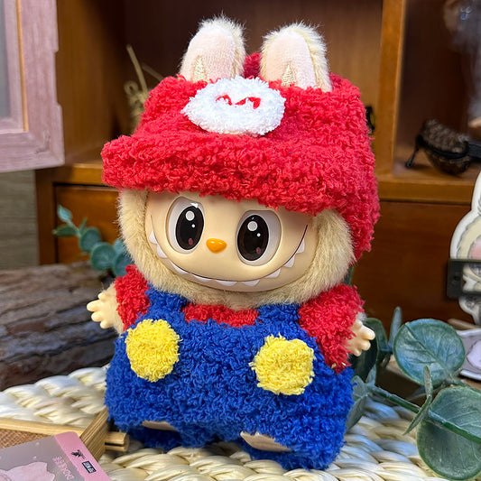 Labubu Doll Outfit | Plush Mario-Inspired Set – Red Tee, Blue Overalls & Cap (3-Piece Outfit) - Fits Labubu Gen 1/2/3