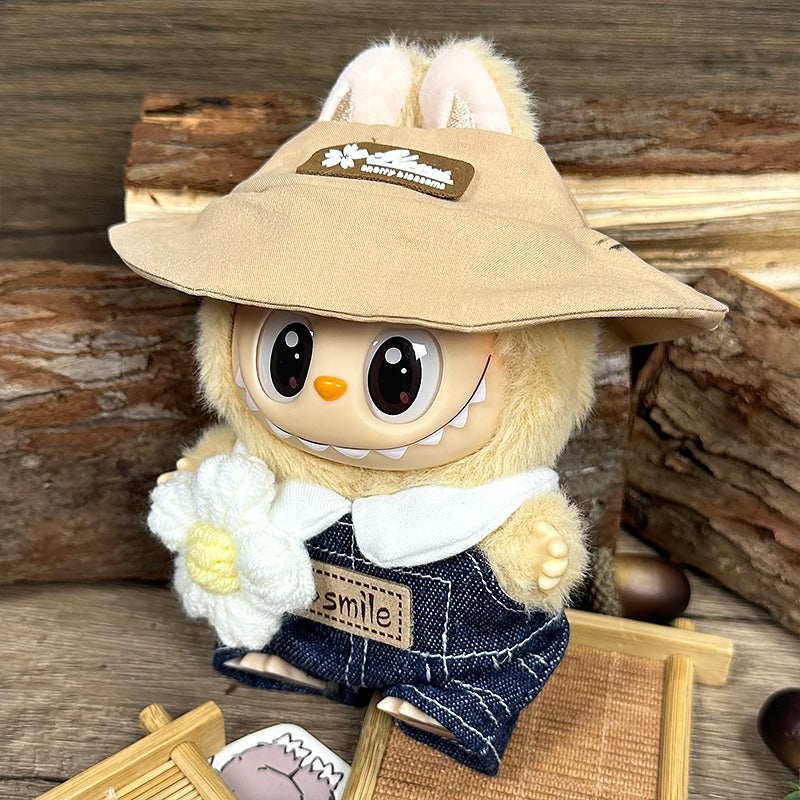 Labubu Doll Clothes | Fresh Daisy Vibes | Four-Piece Outfit – White Tee, Denim Overalls, Daisy Accessory & Bucket Hat – Cute Doll Clothes – Fits Labubu Gen 1/2/3
