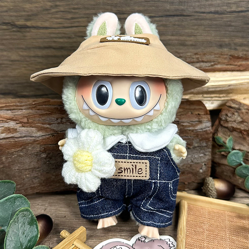 Labubu Doll Clothes | Fresh Daisy Vibes | Four-Piece Outfit – White Tee, Denim Overalls, Daisy Accessory & Bucket Hat – Cute Doll Clothes – Fits Labubu Gen 1/2/3