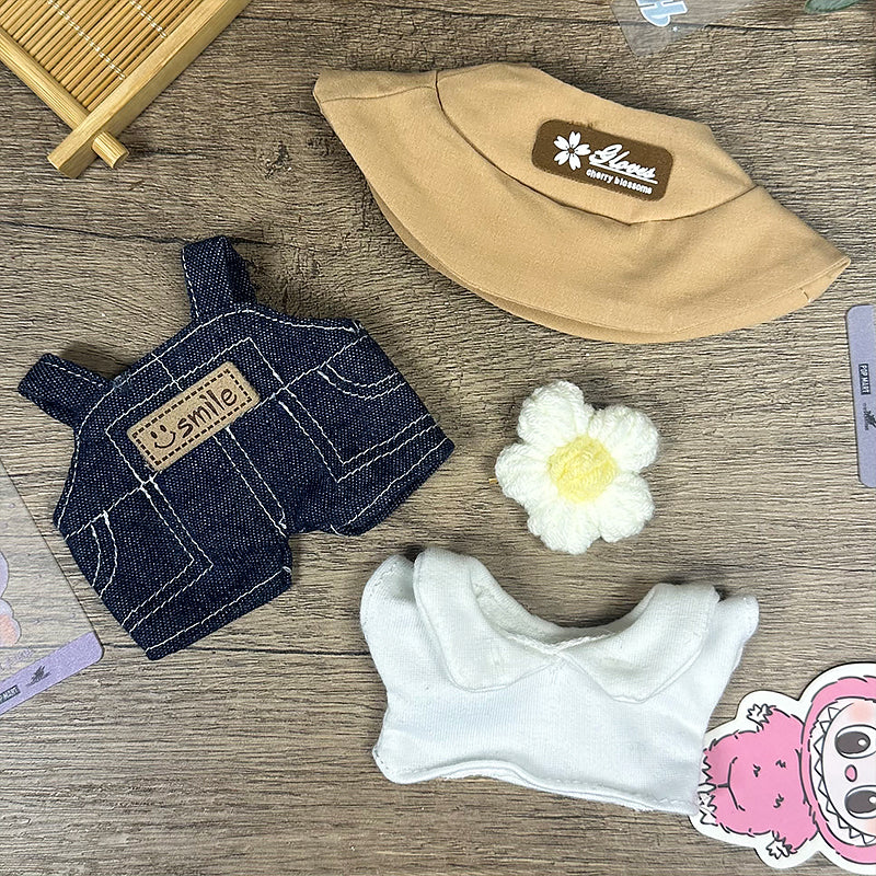 Labubu Doll Clothes | Fresh Daisy Vibes | Four-Piece Outfit – White Tee, Denim Overalls, Daisy Accessory & Bucket Hat – Cute Doll Clothes – Fits Labubu Gen 1/2/3