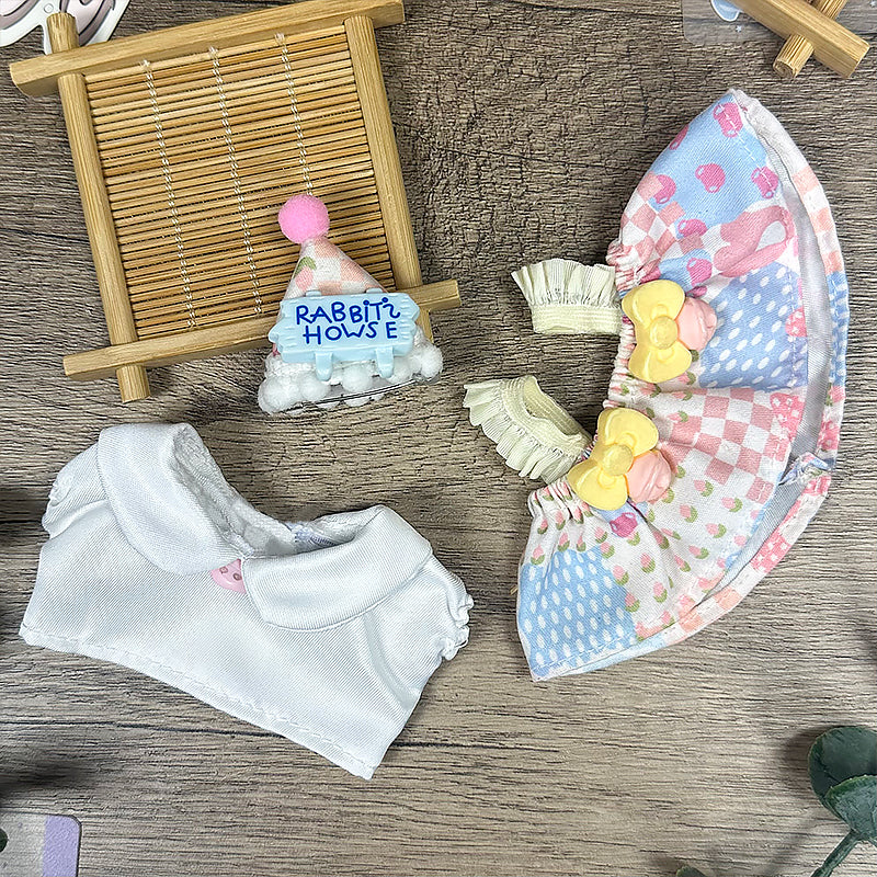Labubu Doll Clothes | Floral Birthday Delight｜Three-Piece Set – White Tee, Pink & Blue Floral Bow Dress & Birthday Hat– Cute Doll Clothes – Fits Labubu Gen 1/2/3