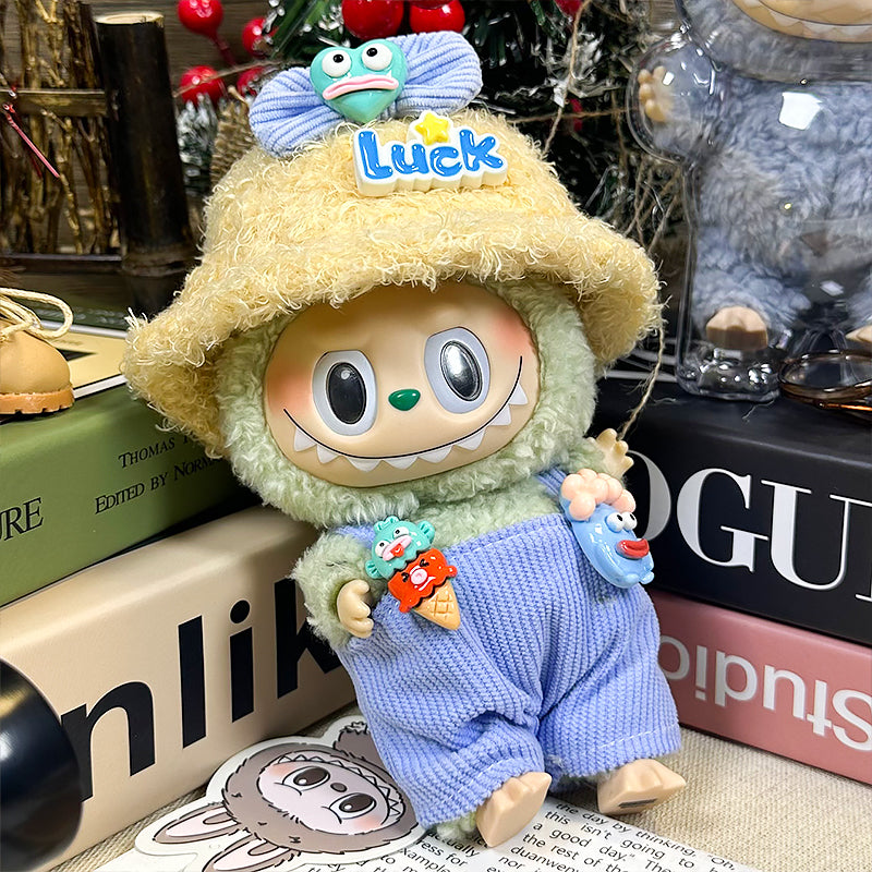 Labubu Doll Clothes | Lucky Monster｜Three-Piece Set – Monster Bow, Corduroy Overalls & Fuzzy Luck Hat – Cute Doll Clothes – Fits Labubu Gen 1/2/3