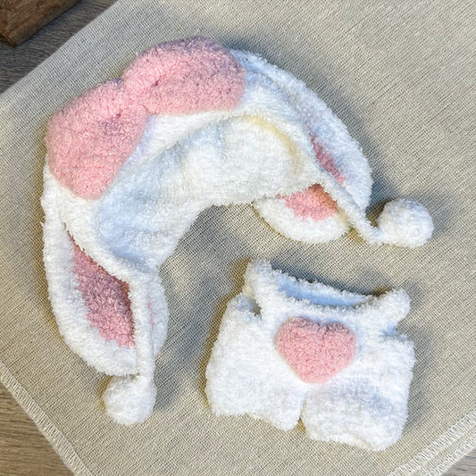 Labubu Doll Outfit | Bunny Love Soft Plush Set – White & Pink Ears Hat + Heart Shorts – Fits Labubu Gen 1/2/3
