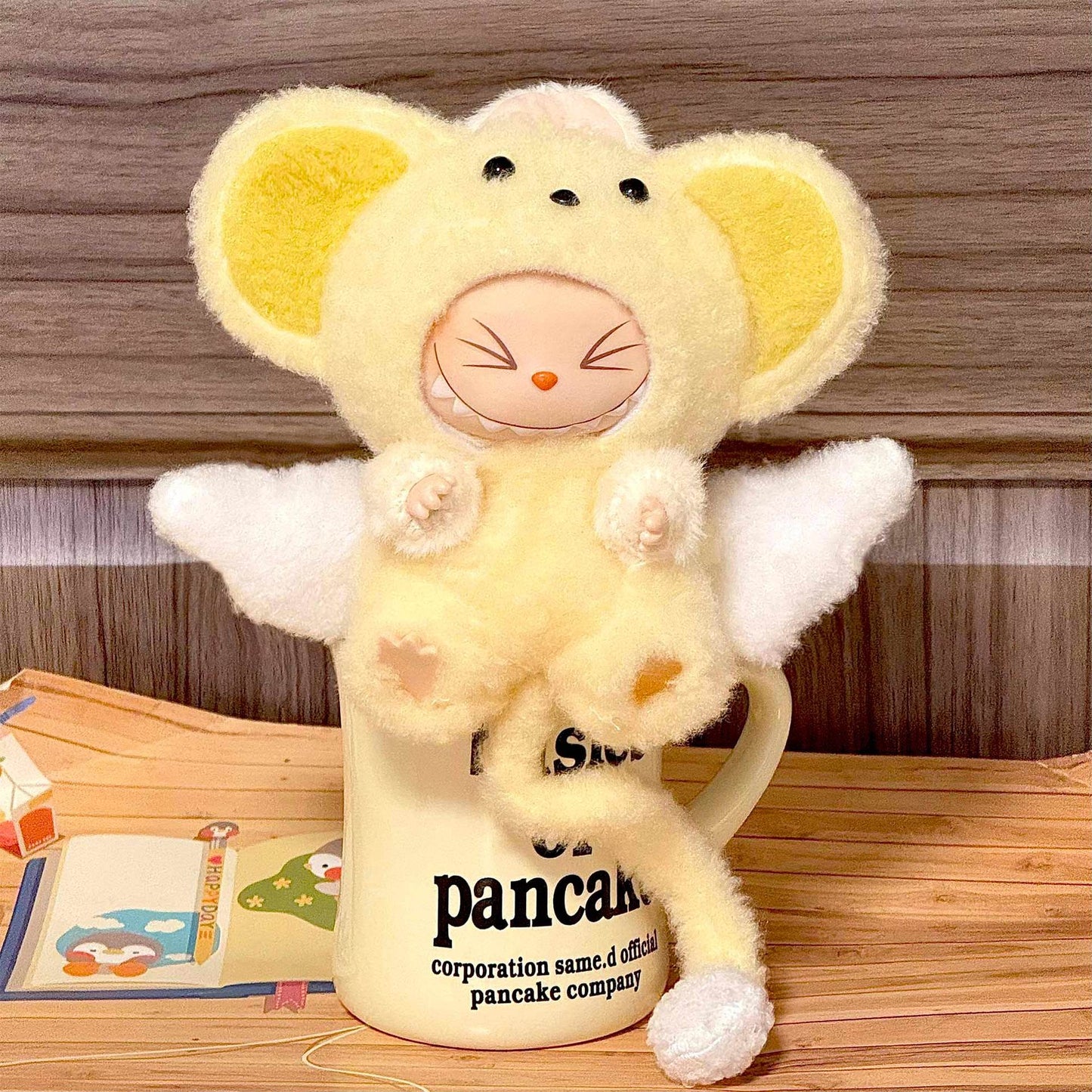 Labubu Doll Outfit | Yellow Angel Mouse One-Piece Plush Suit with Wings & Tail – Cute Doll Clothes – Fits Labubu Gen 1/2/3
