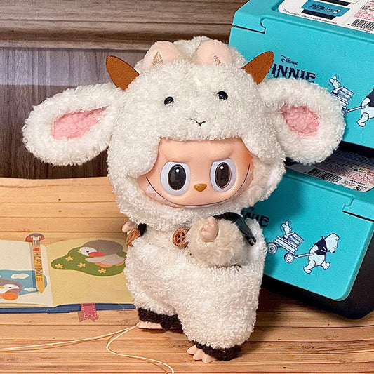 Labubu Doll Outfit 6.7'' | Fluffy Goat One-Piece Costume with Ears, Horns & Pocket – Cute Animal Clothes – Fits Labubu Gen 1/2/3