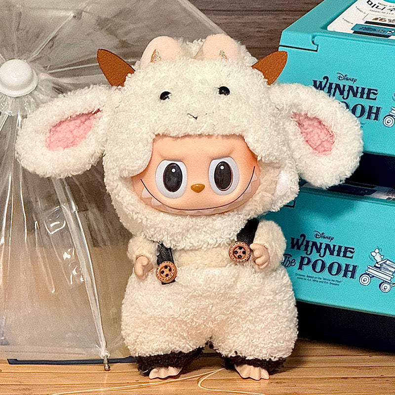 Labubu Doll Outfit 6.7'' | Fluffy Goat One-Piece Costume with Ears, Horns & Pocket – Cute Animal Clothes – Fits Labubu Gen 1/2/3