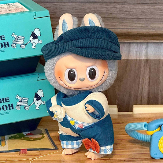 Labubu Doll Outfit 6.7'' | Adorable Blue & Beige T-Shirt, Letter Overalls with Cinnamon Dog & Geometric Accessories – Fits Labubu Gen 1/2/3
