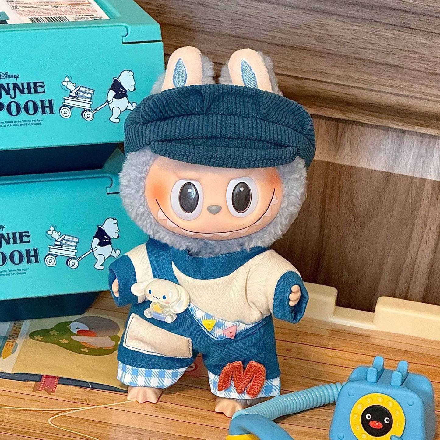 Labubu Doll Outfit 6.7'' | Adorable Blue & Beige T-Shirt, Letter Overalls with Cinnamon Dog & Geometric Accessories – Fits Labubu Gen 1/2/3