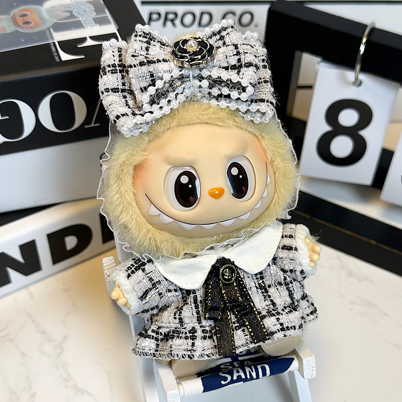 Labubu Doll Outfit 6.7'' | Elegant Chic Tweed Dress with Pearl Bow and Ribbon Details – Luxury Clothes/Costume – Fits Labubu Gen 1/2/3