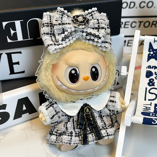 Labubu Doll Outfit 6.7'' | Elegant Chic Tweed Dress with Pearl Bow and Ribbon Details – Luxury Clothes/Costume – Fits Labubu Gen 1/2/3