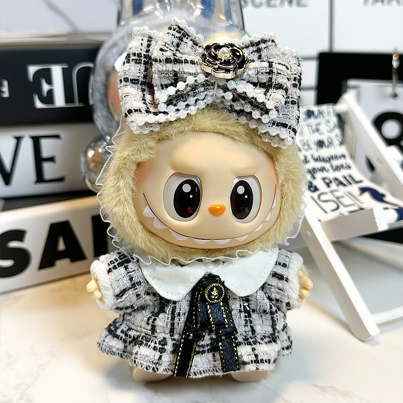 Labubu Doll Outfit 6.7'' | Elegant Chic Tweed Dress with Pearl Bow and Ribbon Details – Luxury Clothes/Costume – Fits Labubu Gen 1/2/3