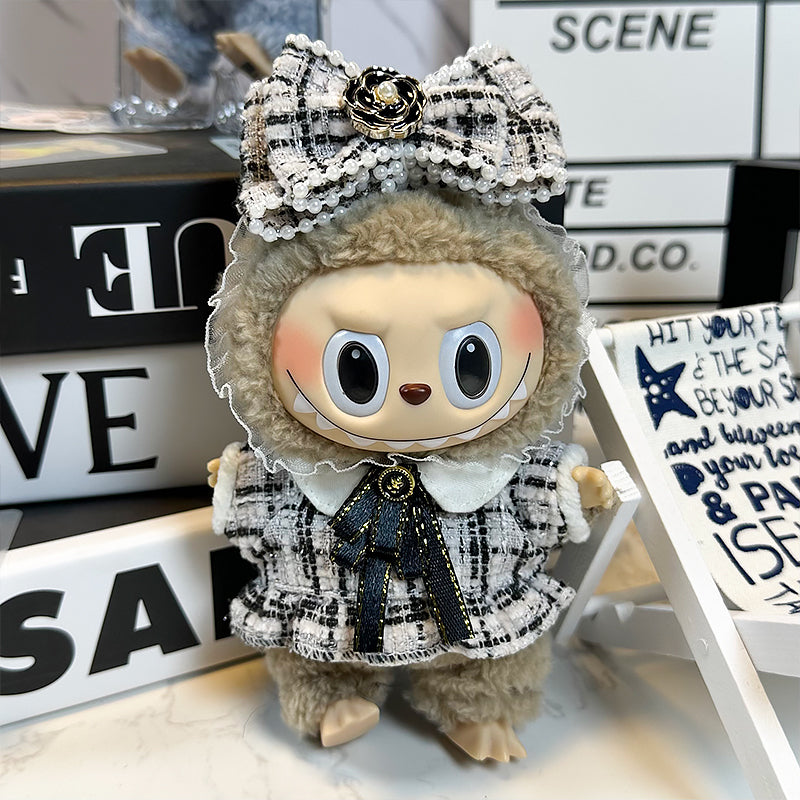 Labubu Doll Outfit 6.7'' | Elegant Chic Tweed Dress with Pearl Bow and Ribbon Details – Luxury Clothes/Costume – Fits Labubu Gen 1/2/3