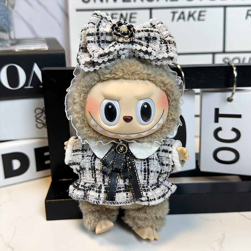 Labubu Doll Outfit 6.7'' | Elegant Chic Tweed Dress with Pearl Bow and Ribbon Details – Luxury Clothes/Costume – Fits Labubu Gen 1/2/3