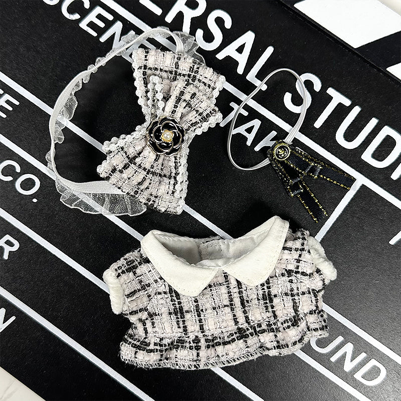 Labubu Doll Outfit 6.7'' | Elegant Chic Tweed Dress with Pearl Bow and Ribbon Details – Luxury Clothes/Costume – Fits Labubu Gen 1/2/3