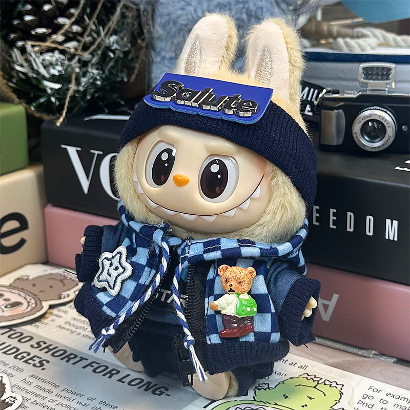 Labubu Doll Clothes | Checkerboard Streetwear Set｜Four-Piece Set – Blue Checkerboard Sweatshirt, Bear & Star Pattern Jacket, Blue Pants & Salute Letter Headband – Cute Doll Clothes – Fits Labubu Gen 1/2/3