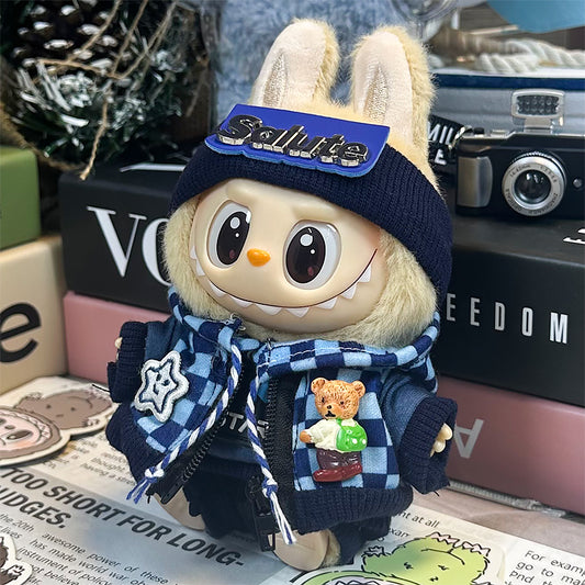 Labubu Doll Clothes | Checkerboard Streetwear Set｜Four-Piece Set – Blue Checkerboard Sweatshirt, Bear & Star Pattern Jacket, Blue Pants & Salute Letter Headband – Cute Doll Clothes – Fits Labubu Gen 1/2/3