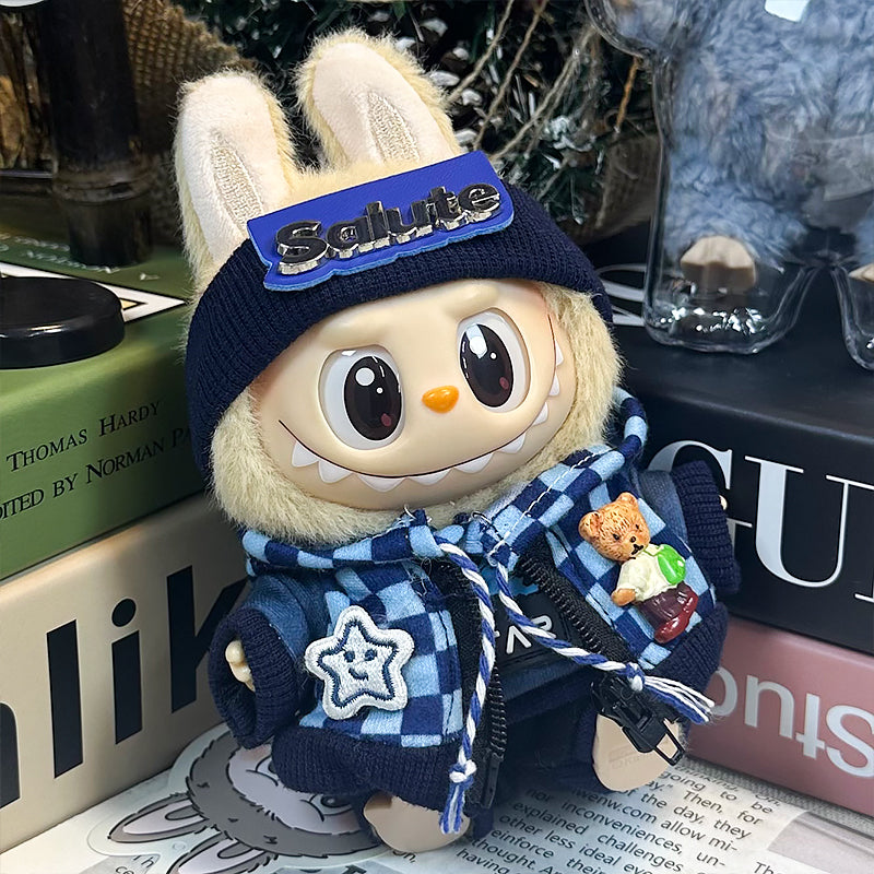 Labubu Doll Clothes | Checkerboard Streetwear Set｜Four-Piece Set – Blue Checkerboard Sweatshirt, Bear & Star Pattern Jacket, Blue Pants & Salute Letter Headband – Cute Doll Clothes – Fits Labubu Gen 1/2/3