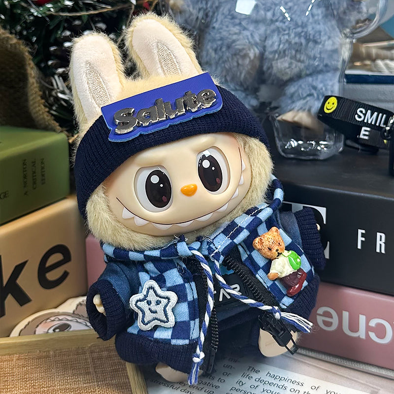 Labubu Doll Clothes | Checkerboard Streetwear Set｜Four-Piece Set – Blue Checkerboard Sweatshirt, Bear & Star Pattern Jacket, Blue Pants & Salute Letter Headband – Cute Doll Clothes – Fits Labubu Gen 1/2/3