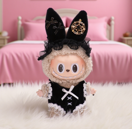 Limited Labubu Oufit Gothic Lolita Bunny  – Black Lace Dress with Bow & Star Charm Hat | Handmade Doll Clothes for Gen 1/2/3 - 6.7''/17cm