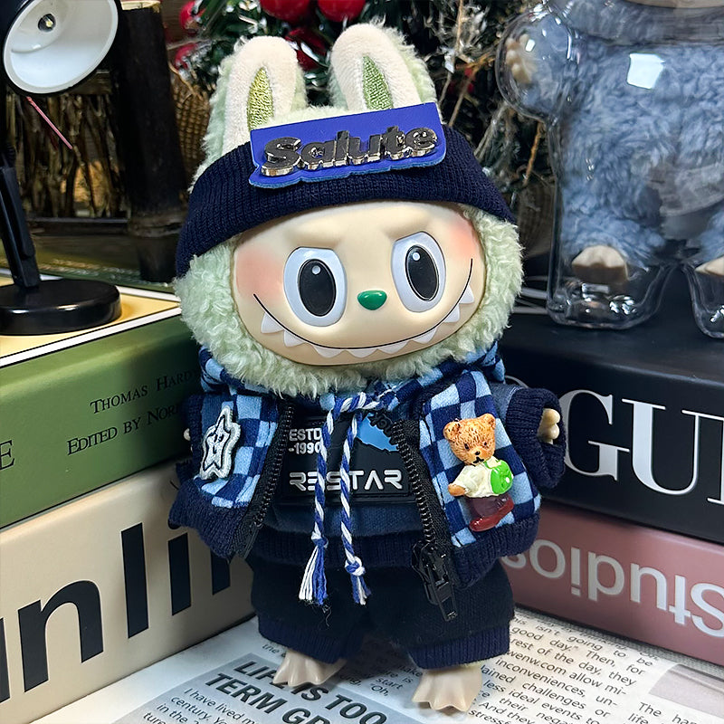 Labubu Doll Clothes | Checkerboard Streetwear Set｜Four-Piece Set – Blue Checkerboard Sweatshirt, Bear & Star Pattern Jacket, Blue Pants & Salute Letter Headband – Cute Doll Clothes – Fits Labubu Gen 1/2/3