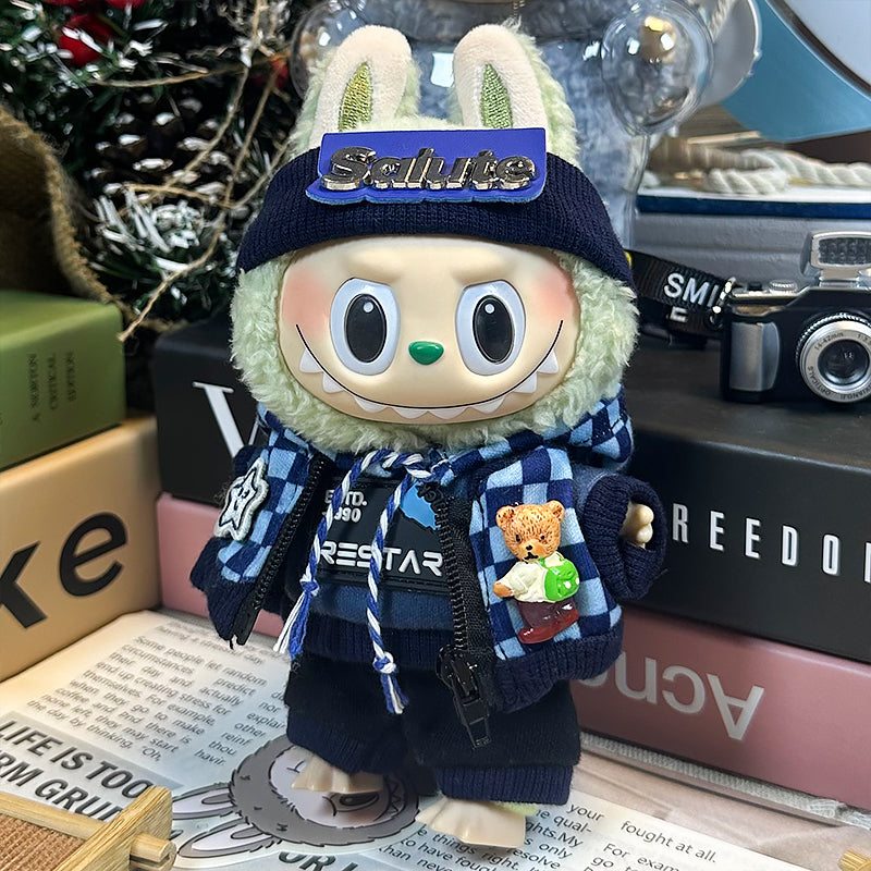 Labubu Doll Clothes | Checkerboard Streetwear Set｜Four-Piece Set – Blue Checkerboard Sweatshirt, Bear & Star Pattern Jacket, Blue Pants & Salute Letter Headband – Cute Doll Clothes – Fits Labubu Gen 1/2/3