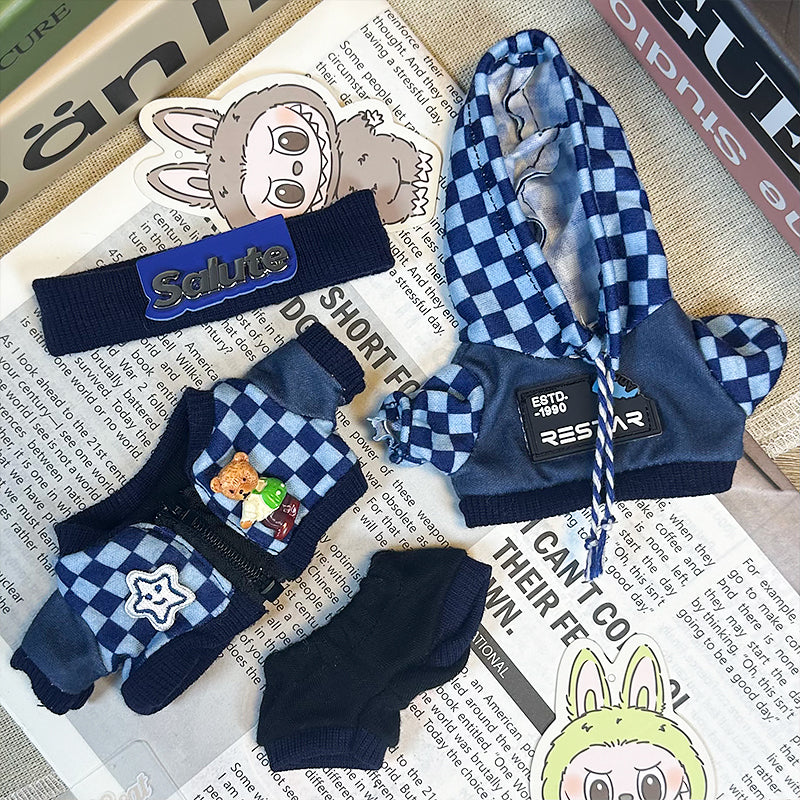 Labubu Doll Clothes | Checkerboard Streetwear Set｜Four-Piece Set – Blue Checkerboard Sweatshirt, Bear & Star Pattern Jacket, Blue Pants & Salute Letter Headband – Cute Doll Clothes – Fits Labubu Gen 1/2/3