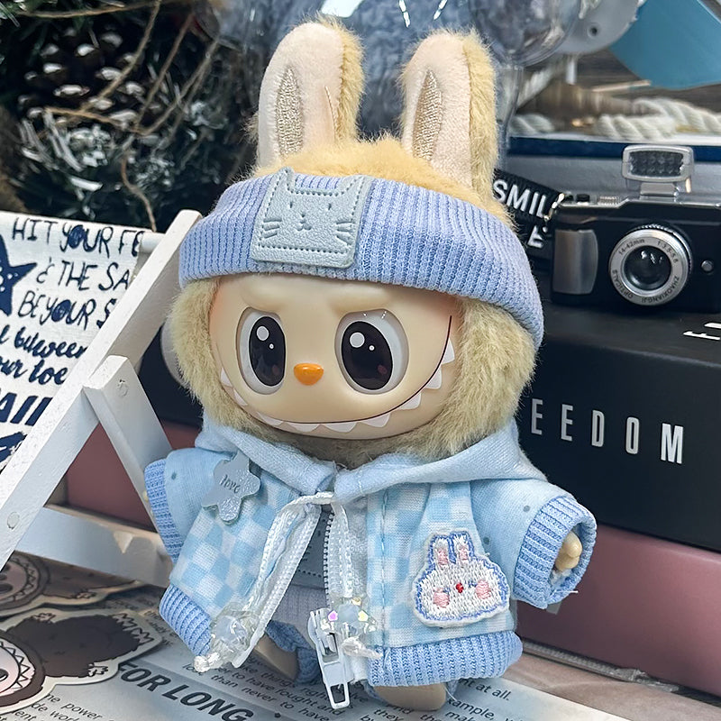 Labubu Doll Clothes | Kitten Dreams Streetwear｜Four-Piece Set – Light Blue Kitten Hoodie, Checkerboard Bunny Jacket & Pants, Kitten Headband – Cute Doll Clothes – Fits Labubu Gen 1/2/3