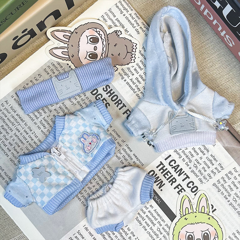 Labubu Doll Clothes | Kitten Dreams Streetwear｜Four-Piece Set – Light Blue Kitten Hoodie, Checkerboard Bunny Jacket & Pants, Kitten Headband – Cute Doll Clothes – Fits Labubu Gen 1/2/3