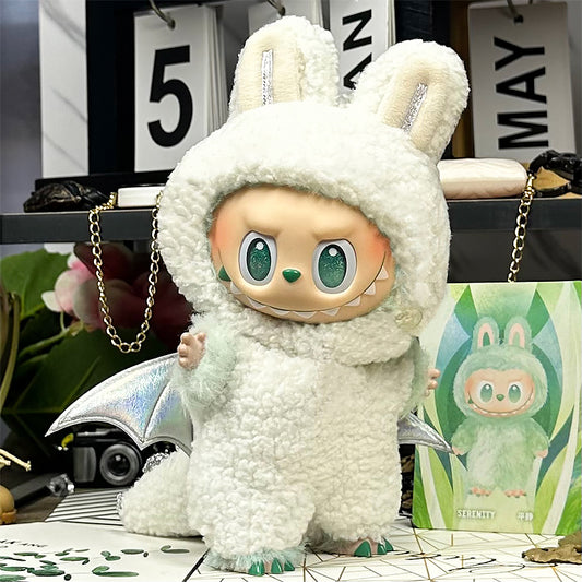 Labubu Doll Outfit | Frost Dragon Baby Set – White Plush Hoodie with Ears & Silver Wings – Fits Labubu Gen 1/2/3