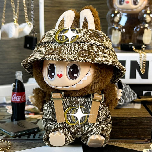 Labubu Doll Outfit 6.7'' | Gucci Logo Overalls & Hat Set – Stylish Plush Clothes – Fits Labubu Gen 1/2/3
