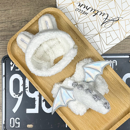 Labubu Doll Outfit | Frost Dragon Baby Set – White Plush Hoodie with Ears & Silver Wings – Fits Labubu Gen 1/2/3