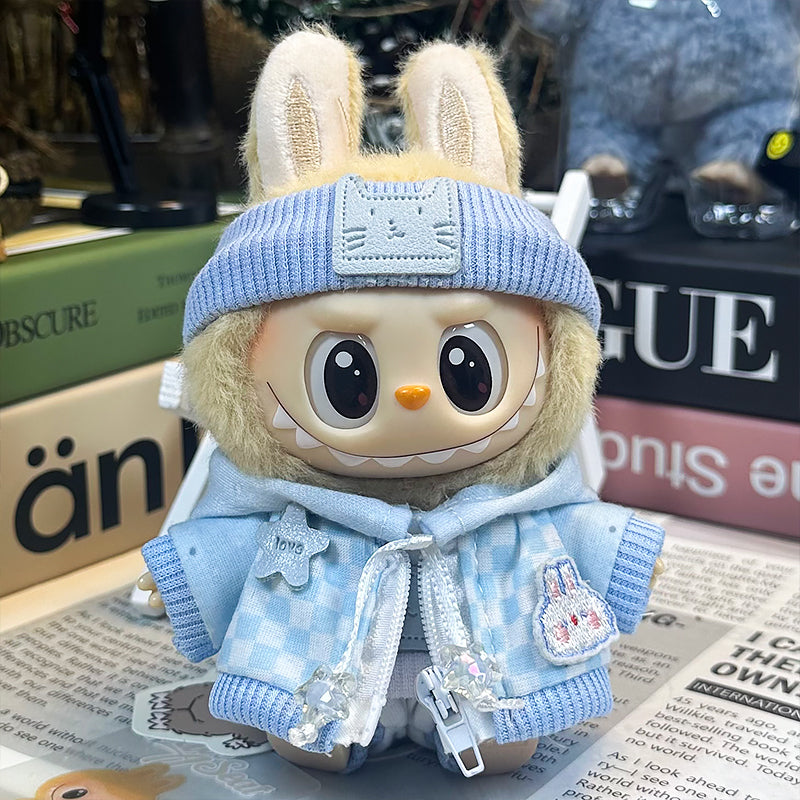 Labubu Doll Clothes | Kitten Dreams Streetwear｜Four-Piece Set – Light Blue Kitten Hoodie, Checkerboard Bunny Jacket & Pants, Kitten Headband – Cute Doll Clothes – Fits Labubu Gen 1/2/3