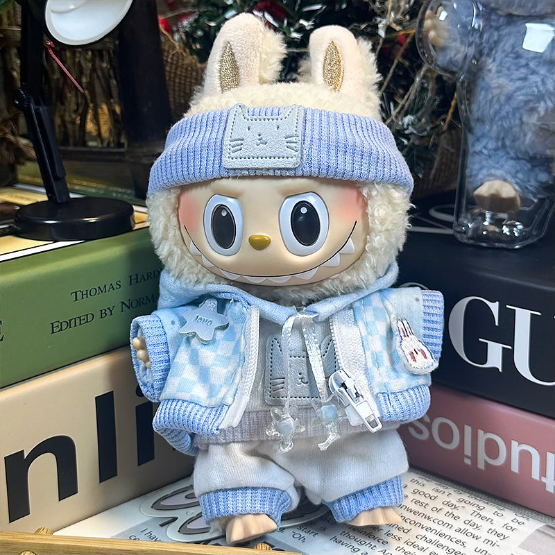 Labubu Doll Clothes | Kitten Dreams Streetwear｜Four-Piece Set – Light Blue Kitten Hoodie, Checkerboard Bunny Jacket & Pants, Kitten Headband – Cute Doll Clothes – Fits Labubu Gen 1/2/3