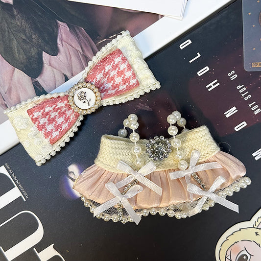 Labubu Doll Outfit 6.7'' | 2 Pieces Paris Pleated Dress with Pearl Straps Rhinestone Bow + Pink & White Plaid Headpiece  – Fits Labubu Gen 1/2/3