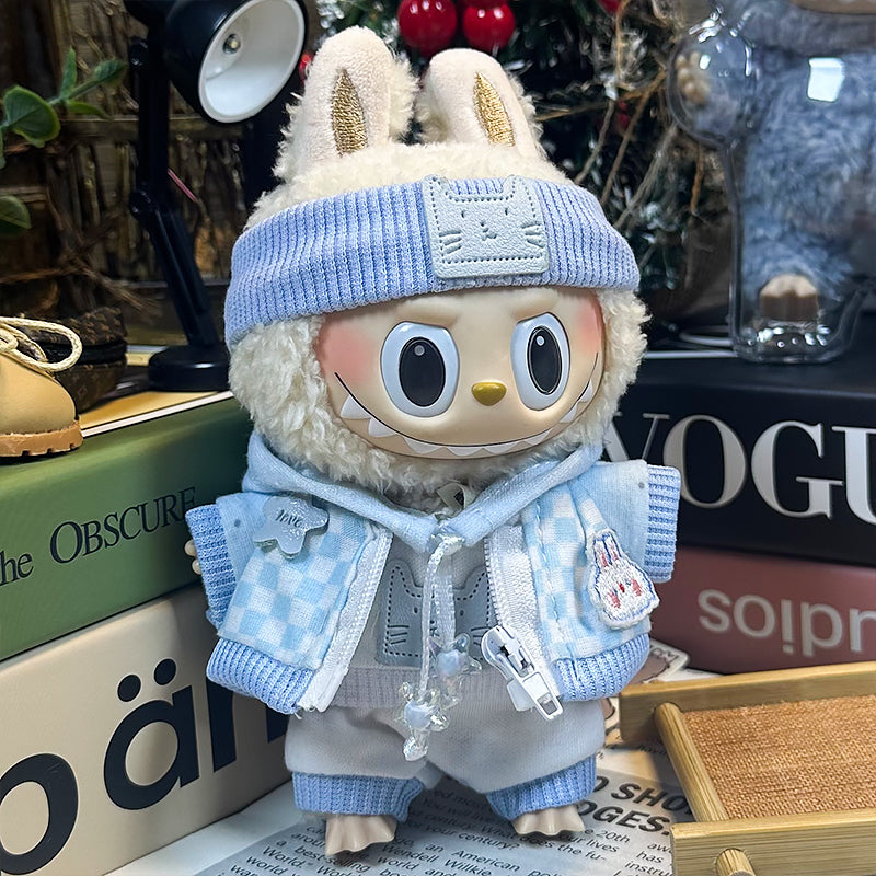 Labubu Doll Clothes | Kitten Dreams Streetwear｜Four-Piece Set – Light Blue Kitten Hoodie, Checkerboard Bunny Jacket & Pants, Kitten Headband – Cute Doll Clothes – Fits Labubu Gen 1/2/3