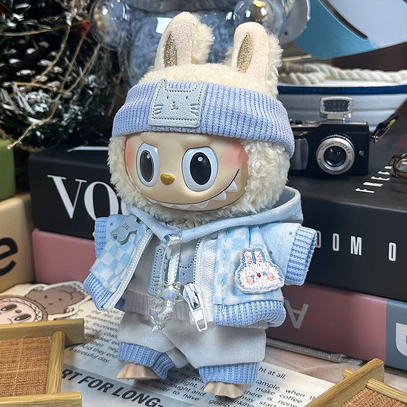 Labubu Doll Clothes | Kitten Dreams Streetwear｜Four-Piece Set – Light Blue Kitten Hoodie, Checkerboard Bunny Jacket & Pants, Kitten Headband – Cute Doll Clothes – Fits Labubu Gen 1/2/3