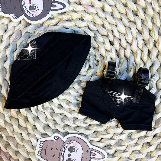Labubu Doll Outfit 6.7'' | Prada Logo Black Overalls & Black Canvas Hat Set – Stylish Designer Clothes – Fits Labubu Gen 1/2/3