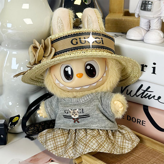 Labubu Doll Outfit 6.7'' | Luxury Gucci-Inspired Summer Set: Flower Straw Hat, Gray Cat T-Shirt & Plaid Skirt – Fits Labubu Gen 1/2/3