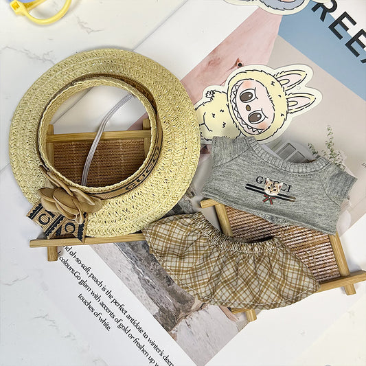 Labubu Doll Outfit 6.7'' | Luxury Gucci-Inspired Summer Set: Flower Straw Hat, Gray Cat T-Shirt & Plaid Skirt – Fits Labubu Gen 1/2/3